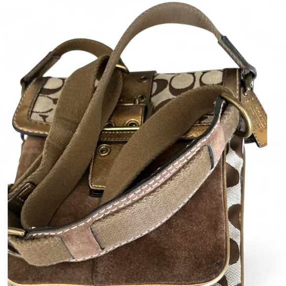 Coach Legacy Suede Signature Canvas Bronze Brown Buckle Flap Crossbody Bag 7x8x1 - Picture 6 of 16